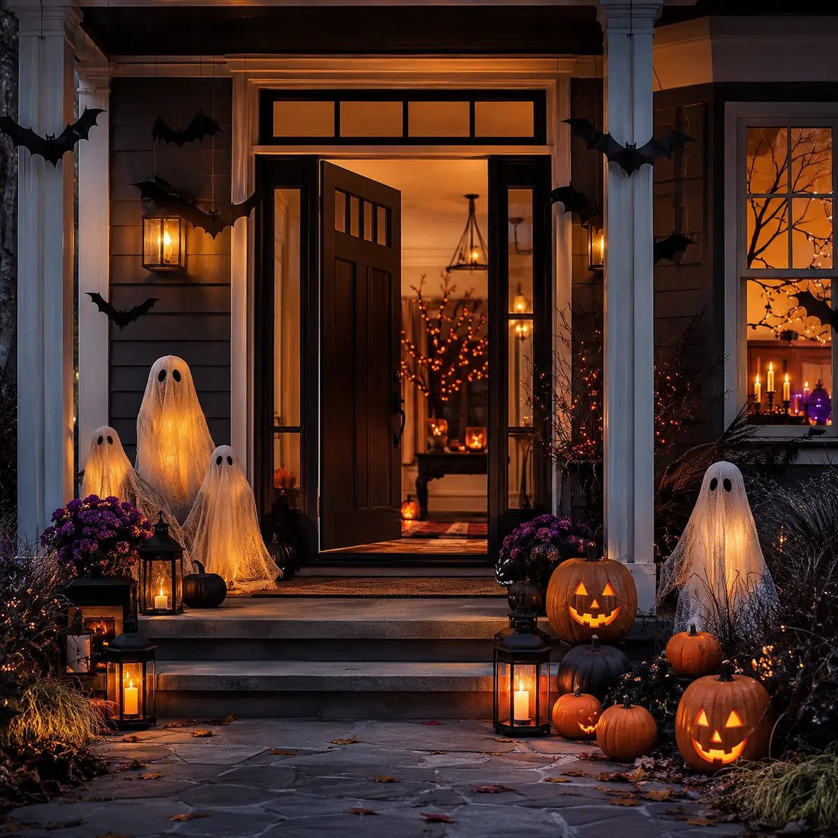Halloween front porch decorated with glowing ghosts, pumpkins, bats and lanterns