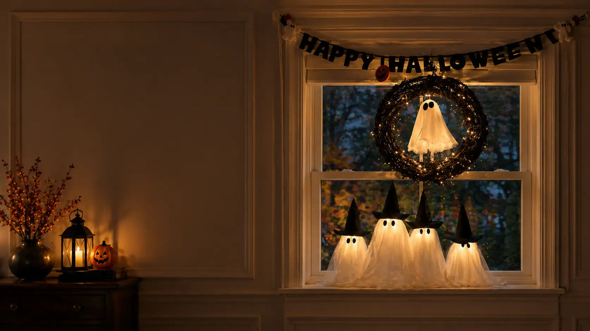 Glowing ghost and hanging decorations arranged around a home window