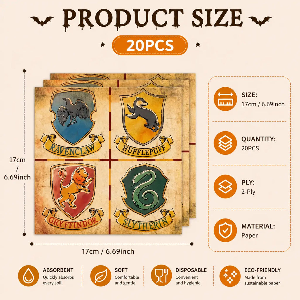 Halloween themed paper napkins with wizard school house crest design for party table decoration and disposable tableware