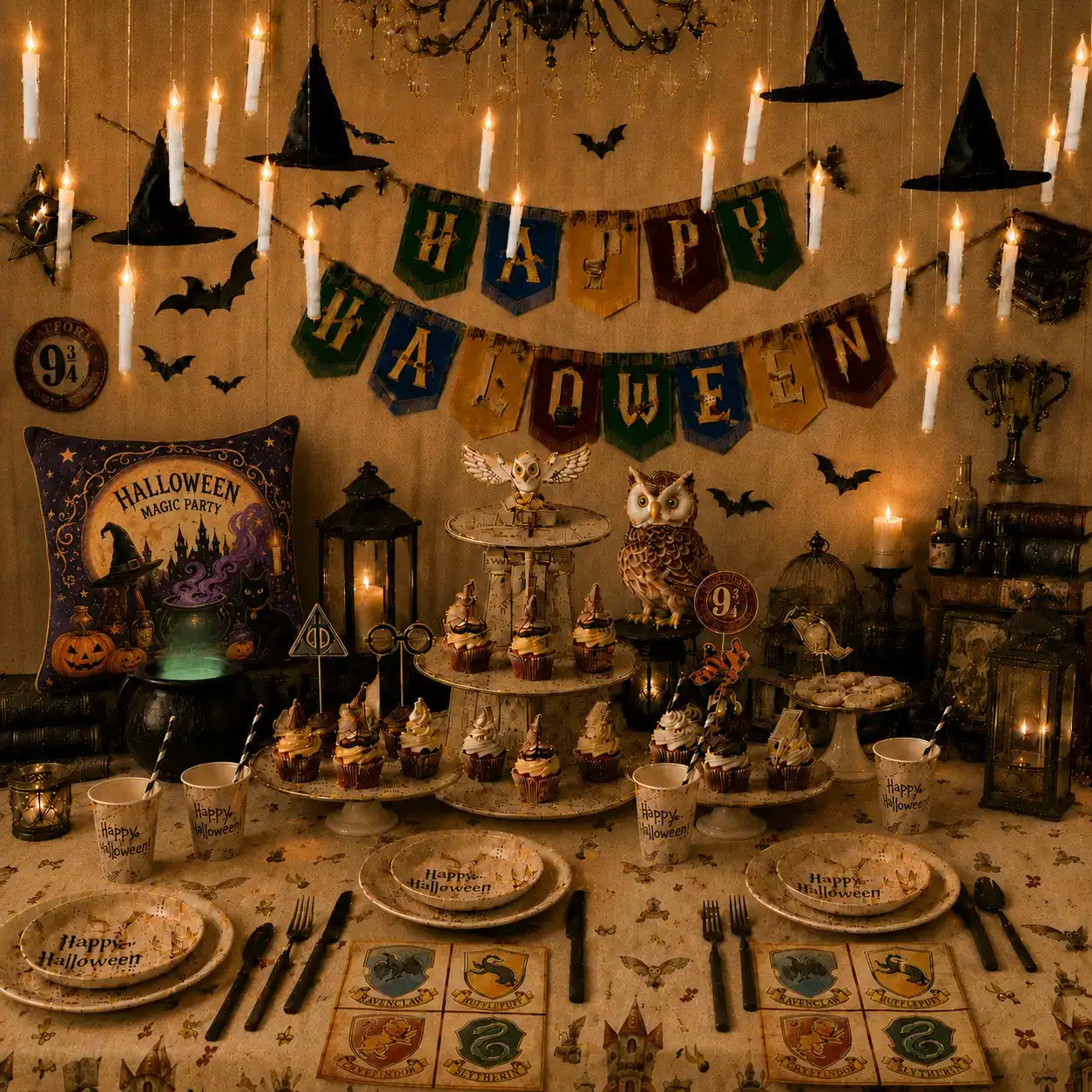 A warm and cozy Halloween magic party table setup inspired by wizard-themed decor, featuring floating candles, witch hats, owl decorations, cupcakes, glowing lanterns, and magical banners. The dining table is covered with a fantasy-style tablecloth and decorated with square house-crest napkins, while a Halloween-themed throw pillow with pumpkins, a black cat, and a bubbling cauldron replaces the floral arrangement on the left side of the scene