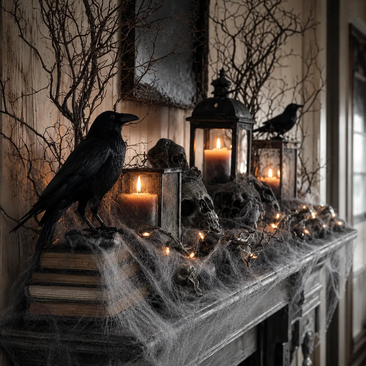 Halloween mantel display with black crow decoration, candles in lanterns, skulls, spider webs, and atmospheric lighting