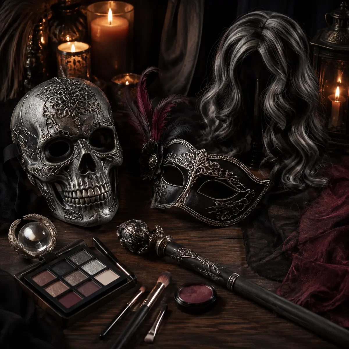 Halloween skull and masquerade masks, wig, makeup and costume props