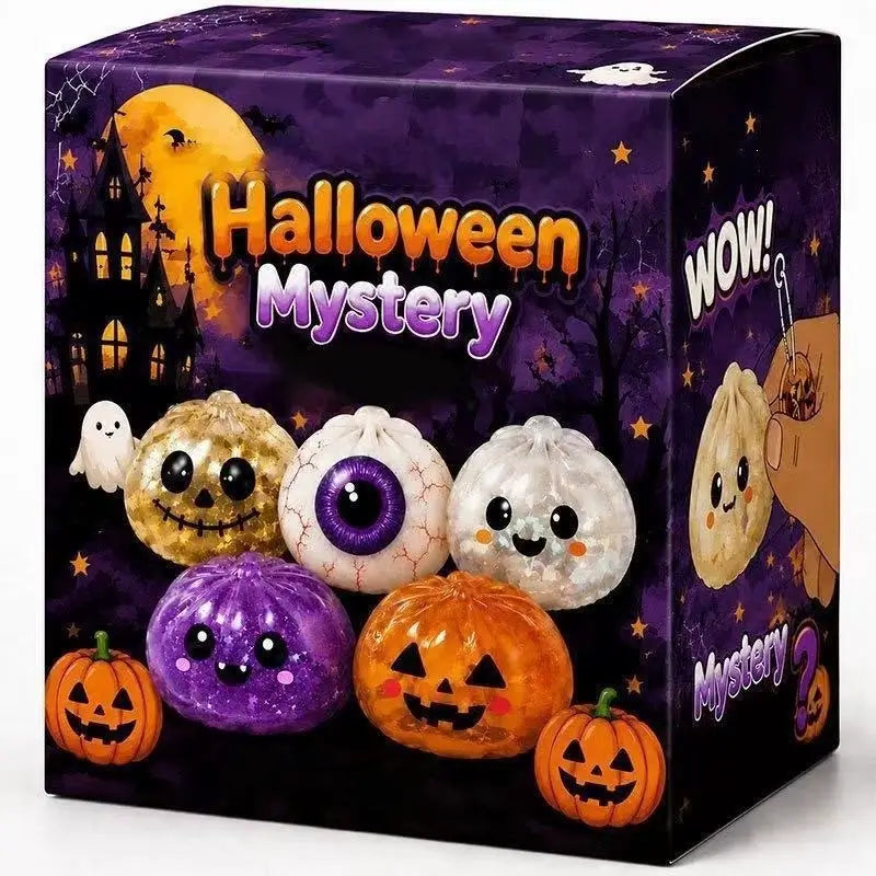 Halloween mystery squishy toy blind box packaging with five spooky cute style options