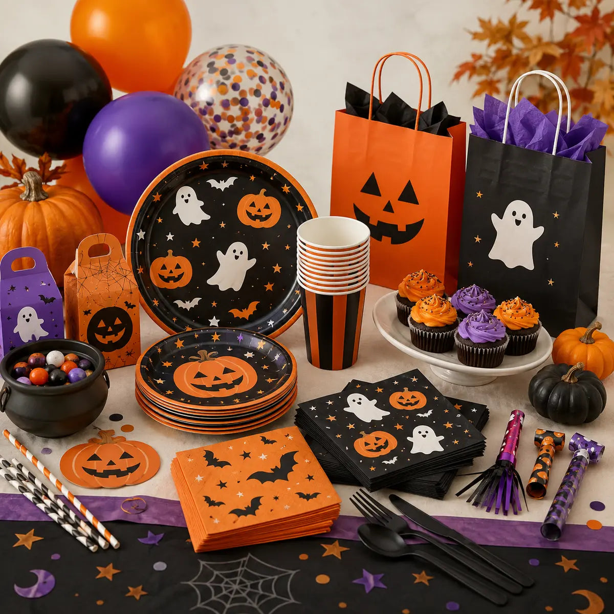 Orange, black and purple Halloween tableware, balloons, favors and treat bags