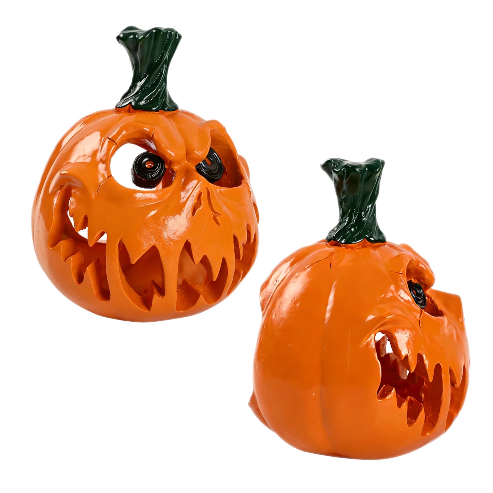 Halloween pumpkin figurine is shown from the back, with the glossy orange finish, fanged face and open interior visible.
