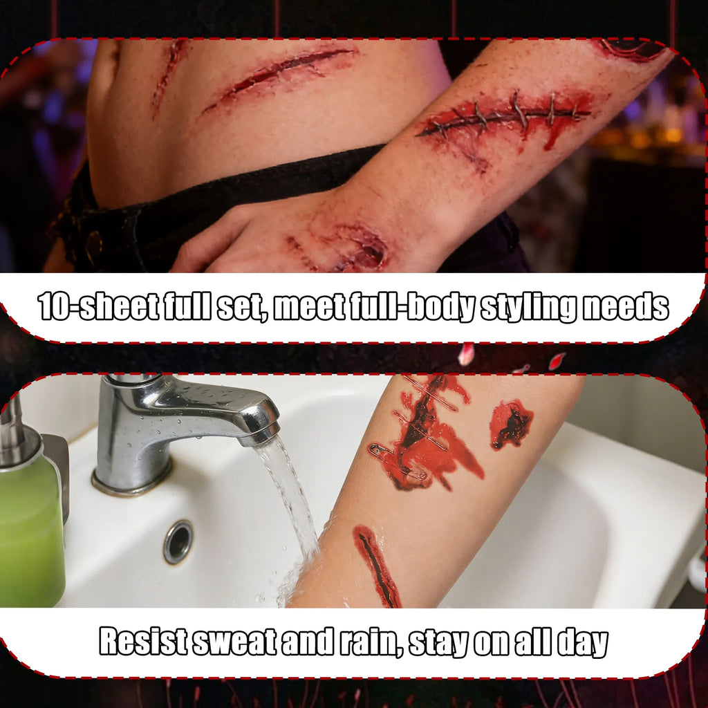 Close-up details of the halloween scar temporary tattoos 10 sheets, showing visible texture, color, and construction.