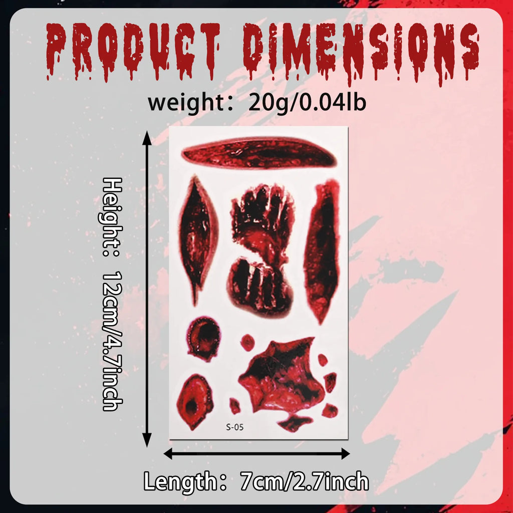 Dimension chart for the halloween scar temporary tattoos 10 sheets, showing the listed product measurements and scale.