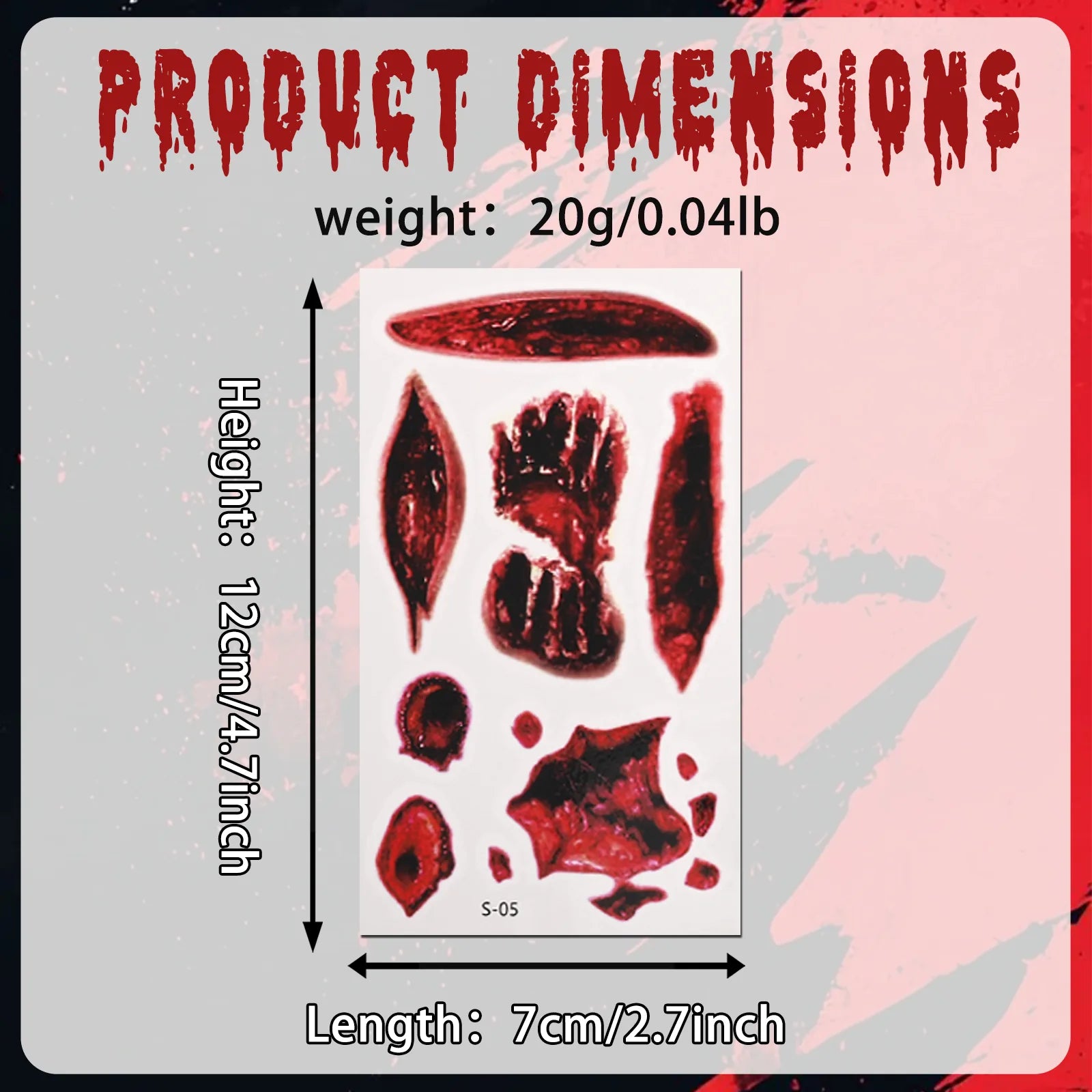 Dimension chart for the halloween scar temporary tattoos 10 sheets, showing the listed product measurements and scale.