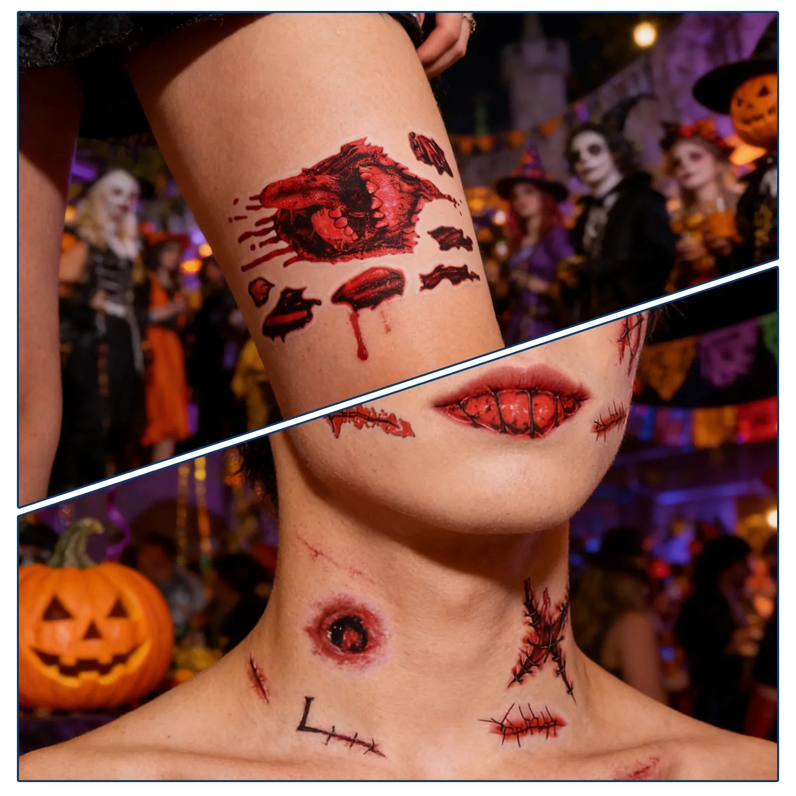 The halloween scar temporary tattoos 10 sheets shown across several styled Halloween and event display scenes.