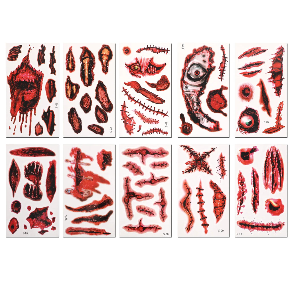 Front view of the halloween scar temporary tattoos 10 sheets, showing its overall shape and visible design.