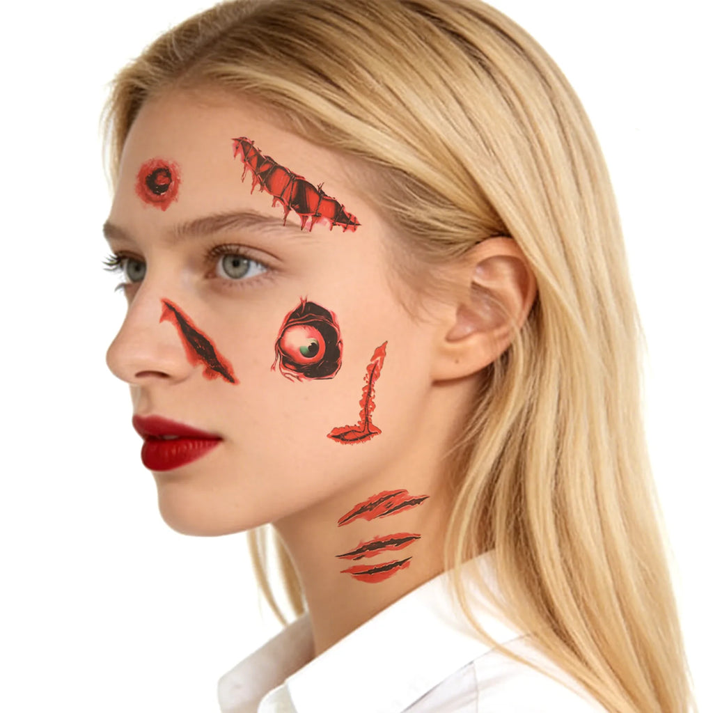 Side view of the halloween scar temporary tattoos 10 sheets, showing its profile and visible construction details.