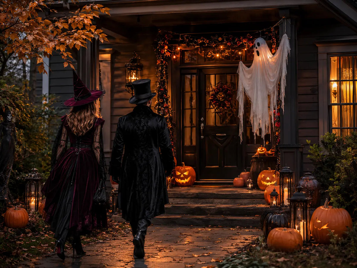 Adults in Halloween costumes approaching a home with outdoor ghost and pumpkin decorations