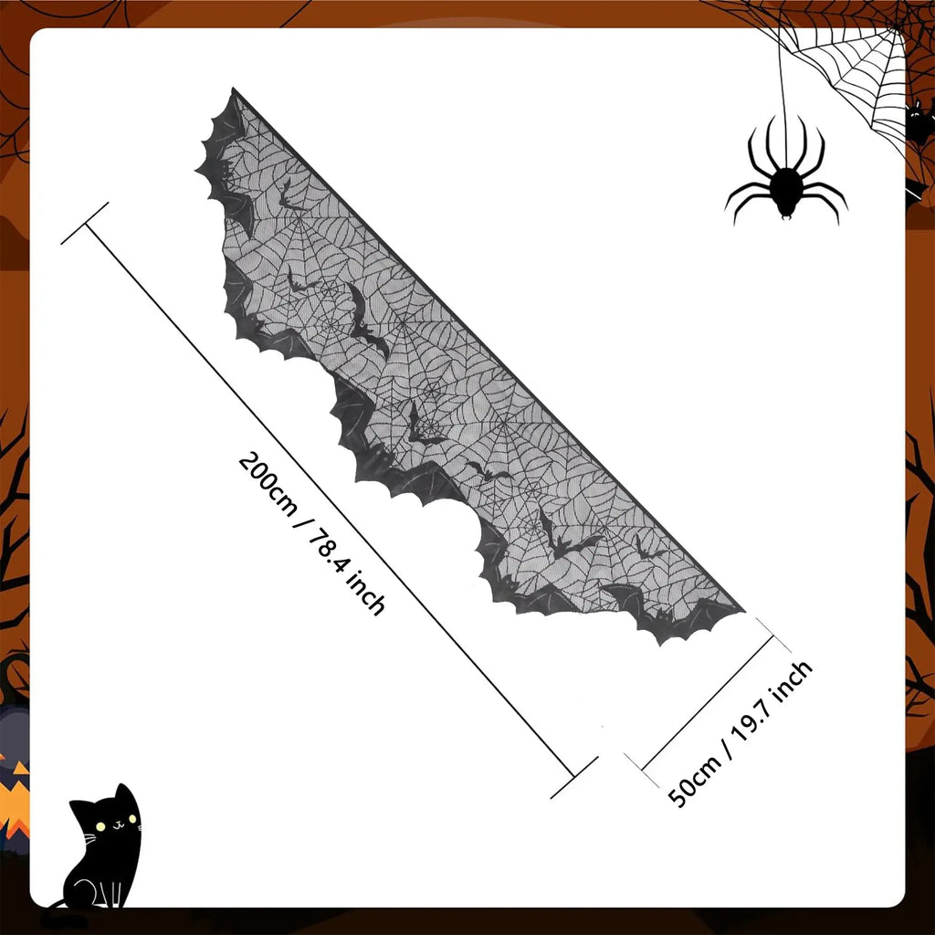 Black Halloween spider web mantel scarf showing 200cm by 50cm dimensions, 78.4 inch by 19.7 inch