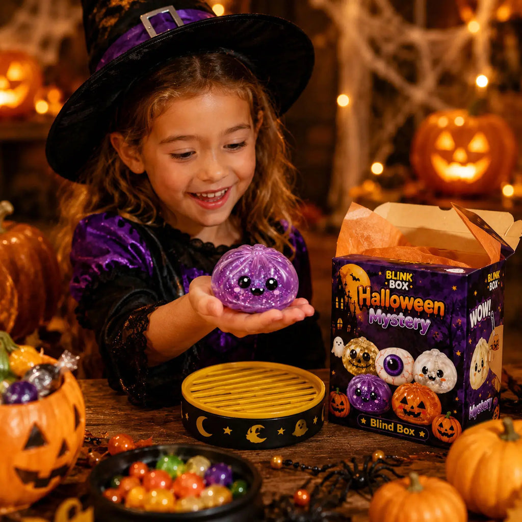 Girl holding a purple Halloween squishy toy with mystery box packaging for a spooky party favor gift