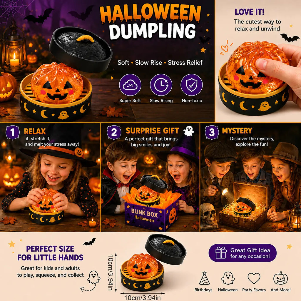 Halloween squishy surprise box stress relief toy infographic showing soft slow rising texture size and gift ideas