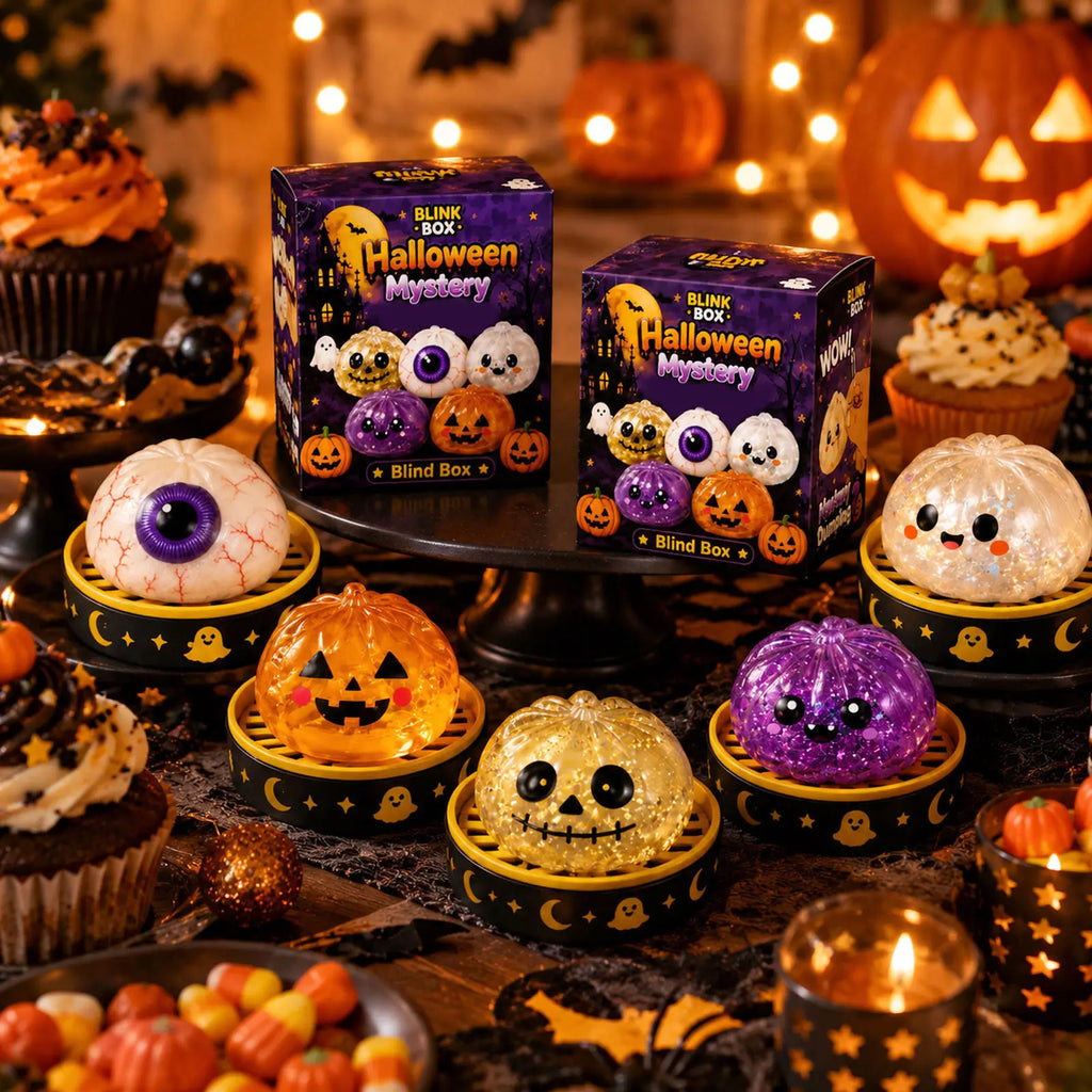 Halloween squishy surprise box toy set with pumpkin ghost eyeball skull and purple devil ghost styles on a Halloween party table