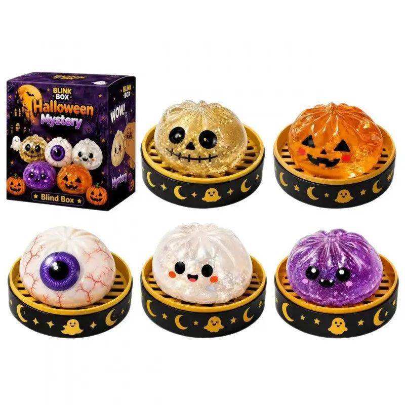 Halloween squishy toy style options including gold skull jack pumpkin spooky eyeball cute ghost and purple devil ghost designs