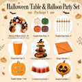 Halloween Table and Balloon Party Set Package 1 with balloon arch, pumpkin paper plates, pumpkin straws, orange cups, cupcake stand, tablecloth, napkins, tassel garland and pumpkin foil balloon