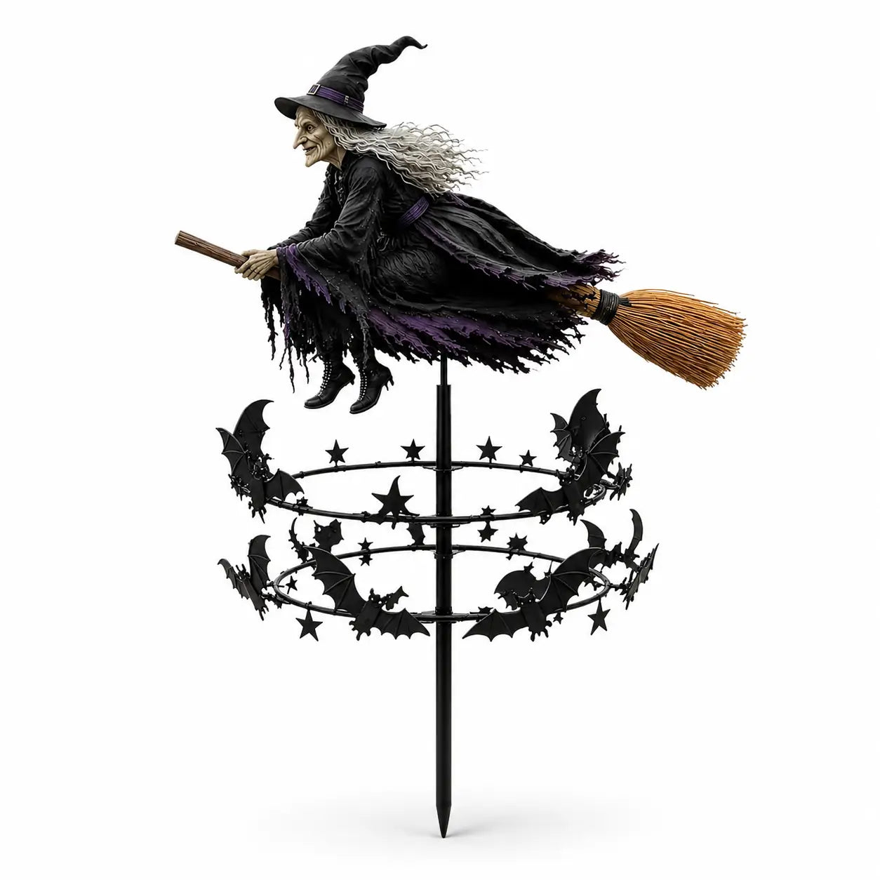 Halloween witch garden wind spinner with flying witch broom and rotating bat rings for outdoor yard decor