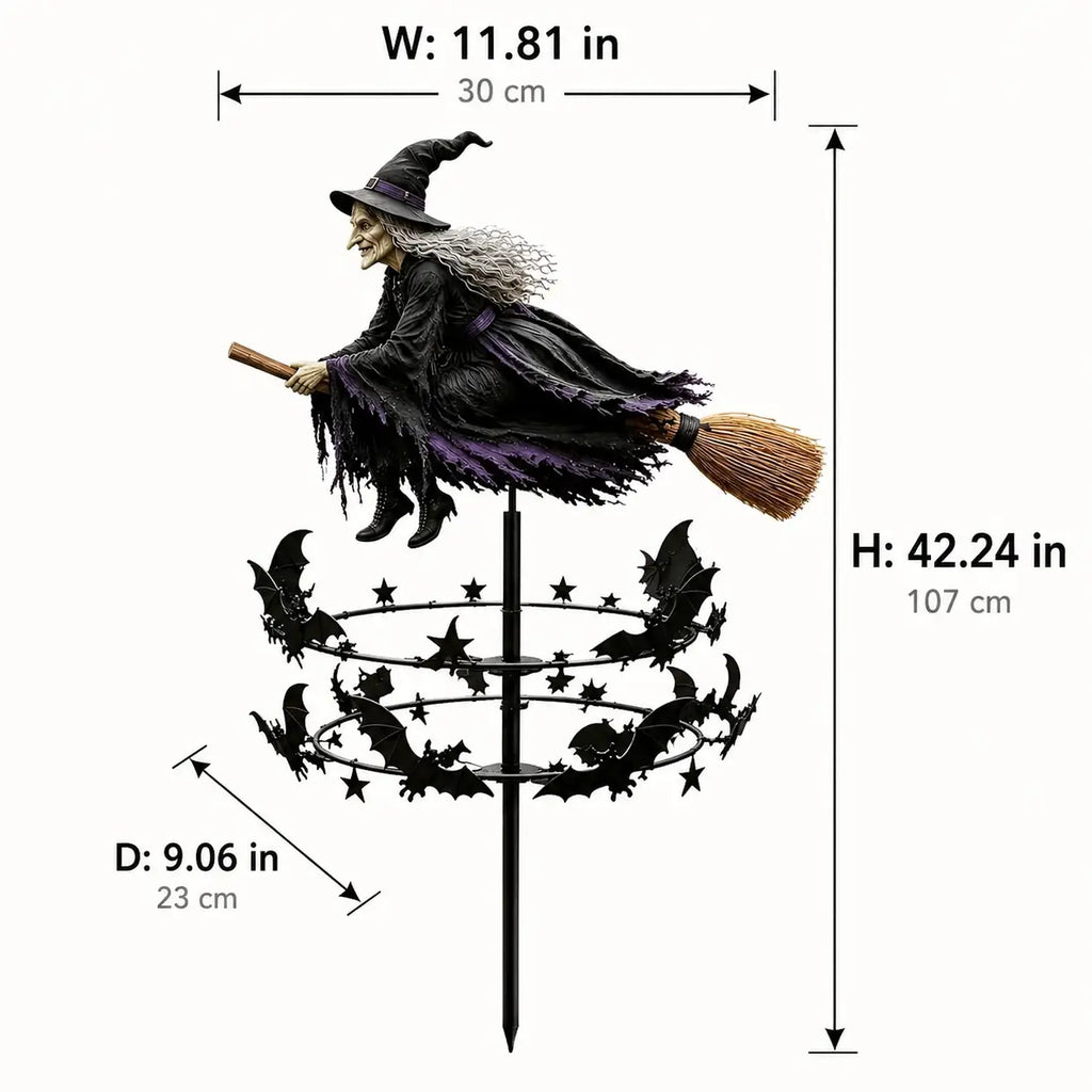 Size chart for Halloween witch garden wind spinner showing 11.81 inch width 9.06 inch depth and 42.24 inch height