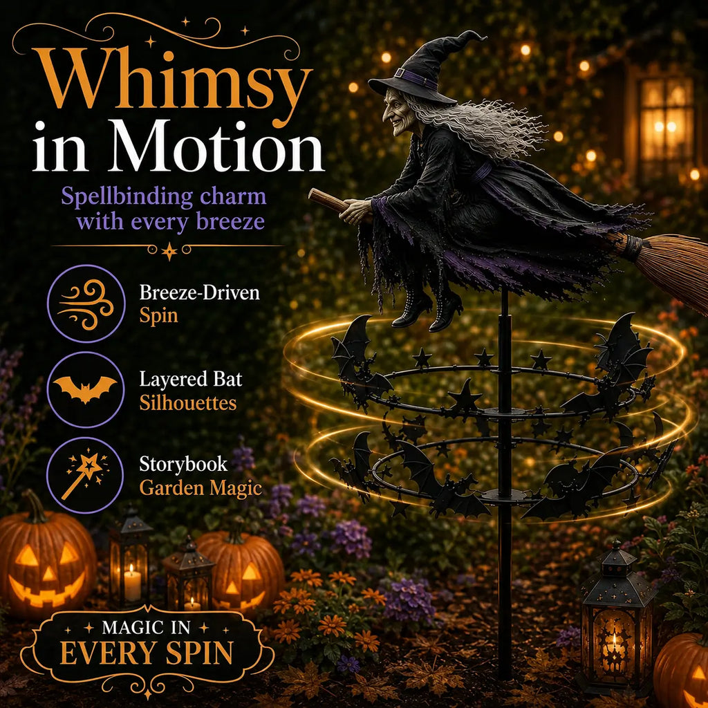 Halloween witch wind spinner motion feature showing breeze driven spin layered bat silhouettes and magical garden decor