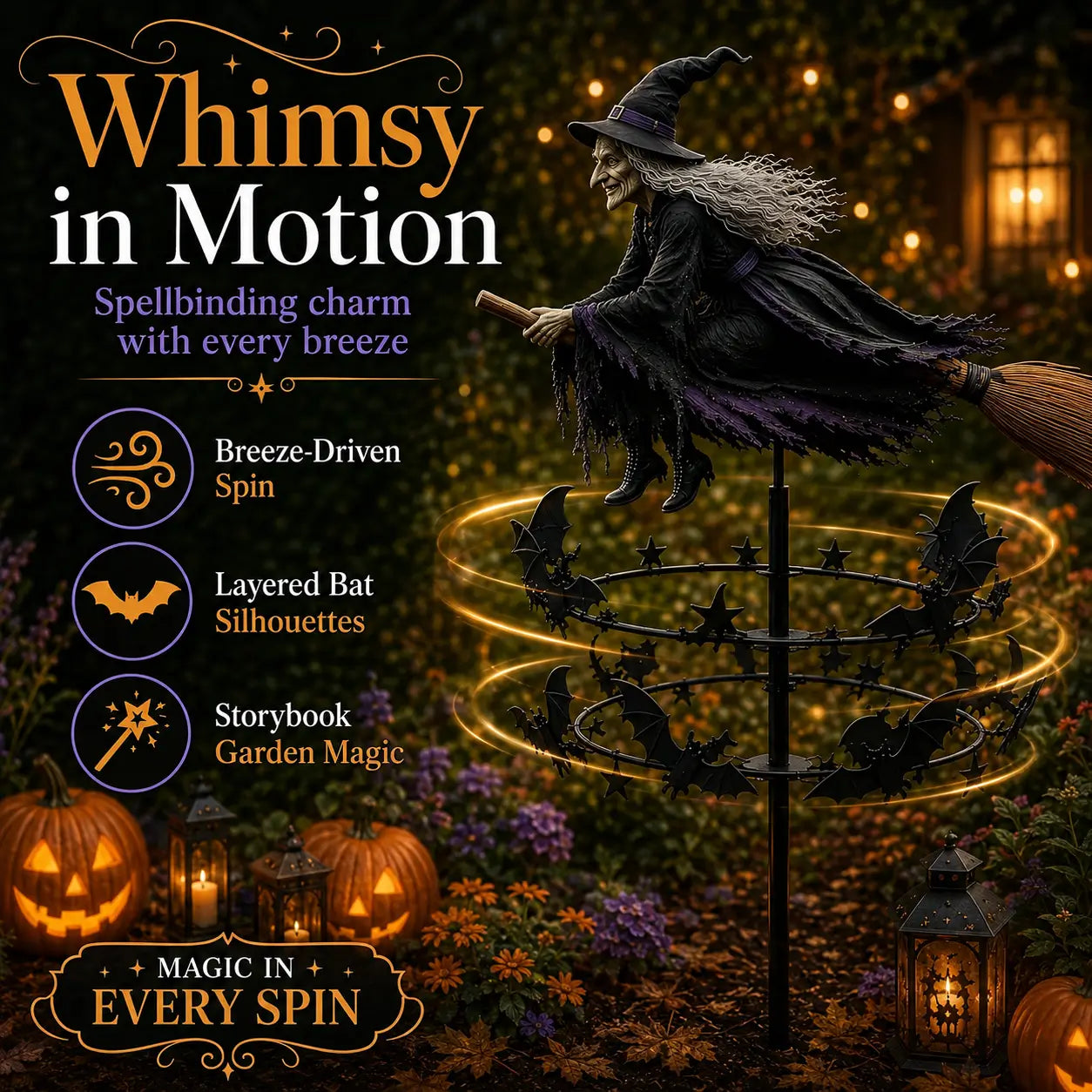 Halloween witch wind spinner motion feature showing breeze driven spin layered bat silhouettes and magical garden decor