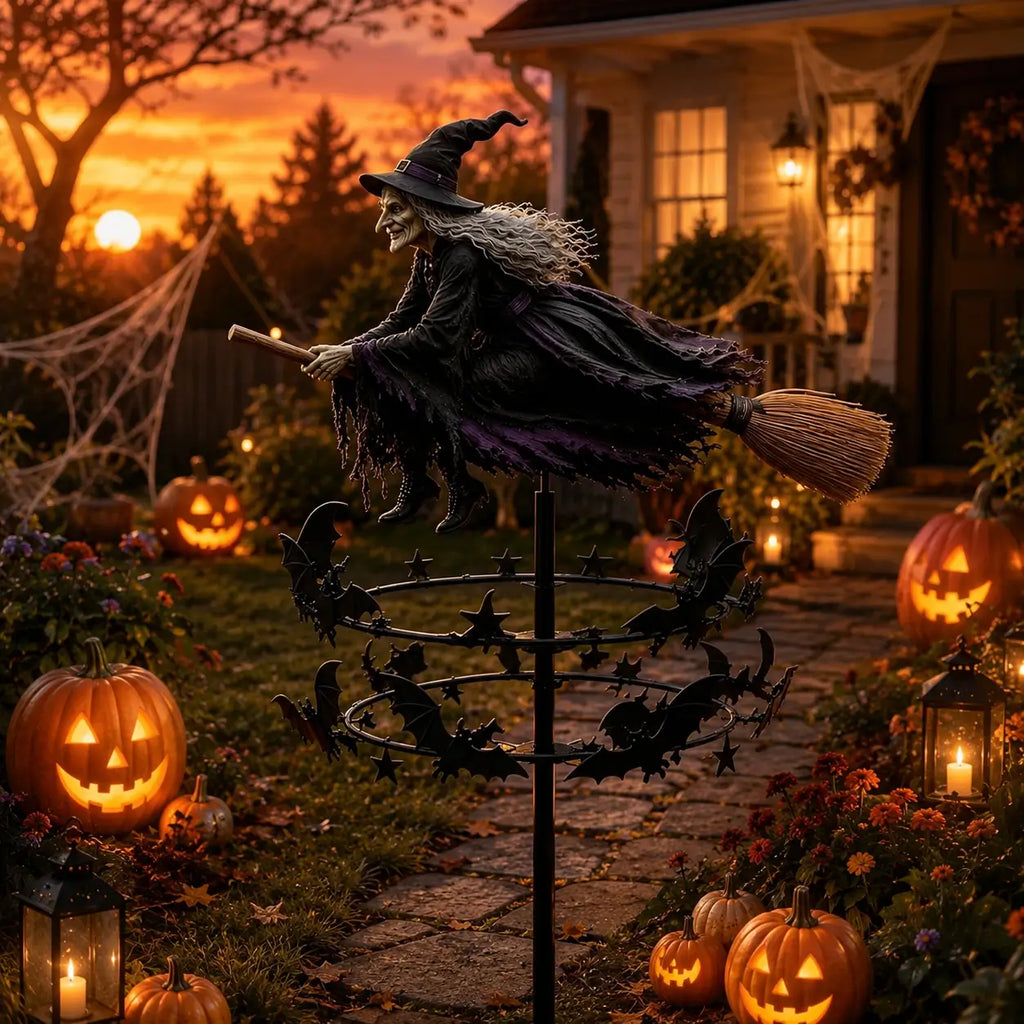 Halloween witch yard wind spinner in a spooky front yard with glowing pumpkins lanterns and spider web decorations