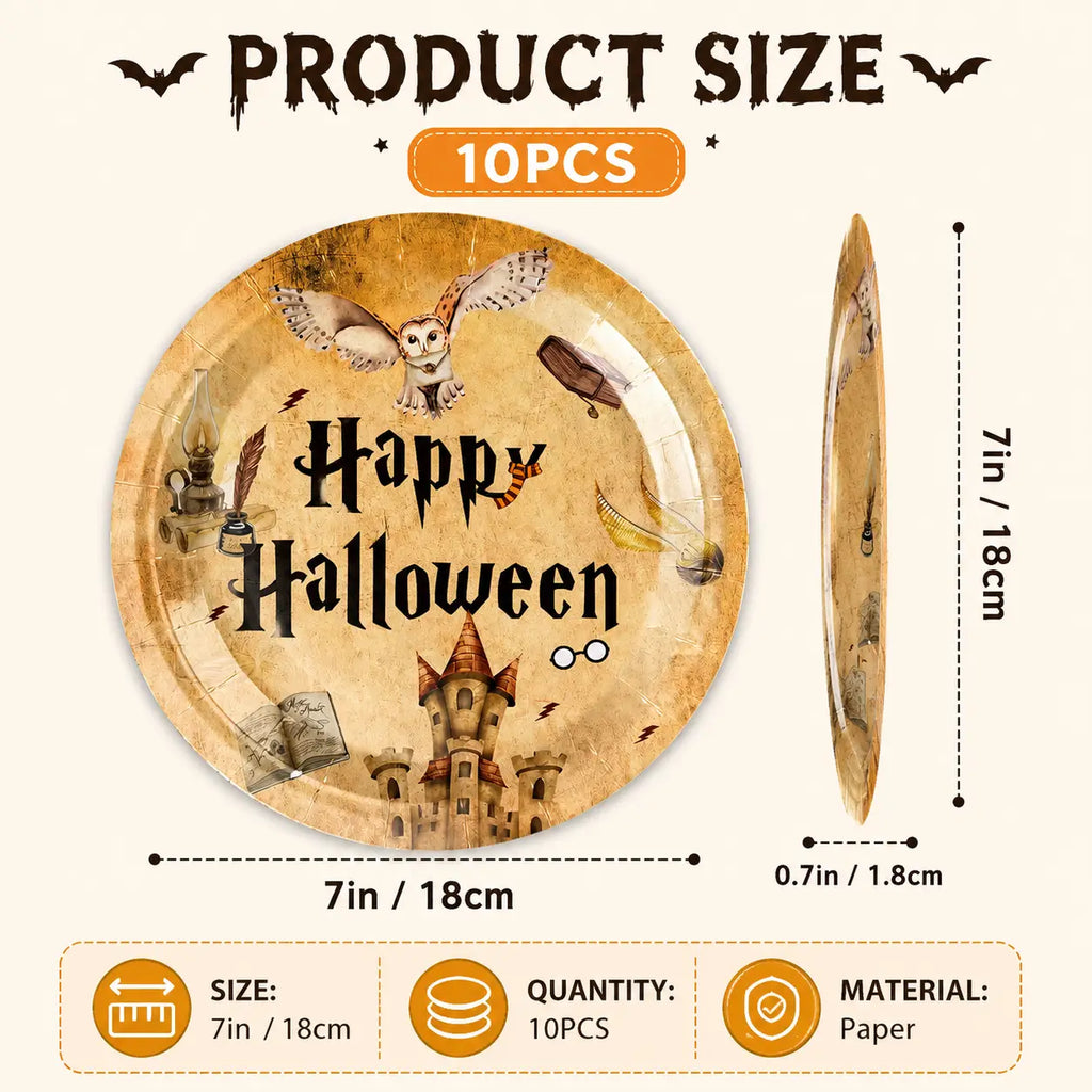 7 inch happy halloween paper plates with wizard castle and owl design for halloween party tableware