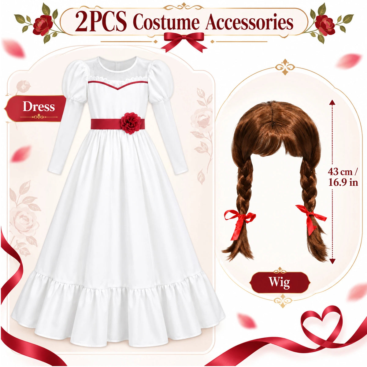 Included white dress and brown twin-braid wig for the Annabelle-inspired costume; the wig is labeled 43 cm long.