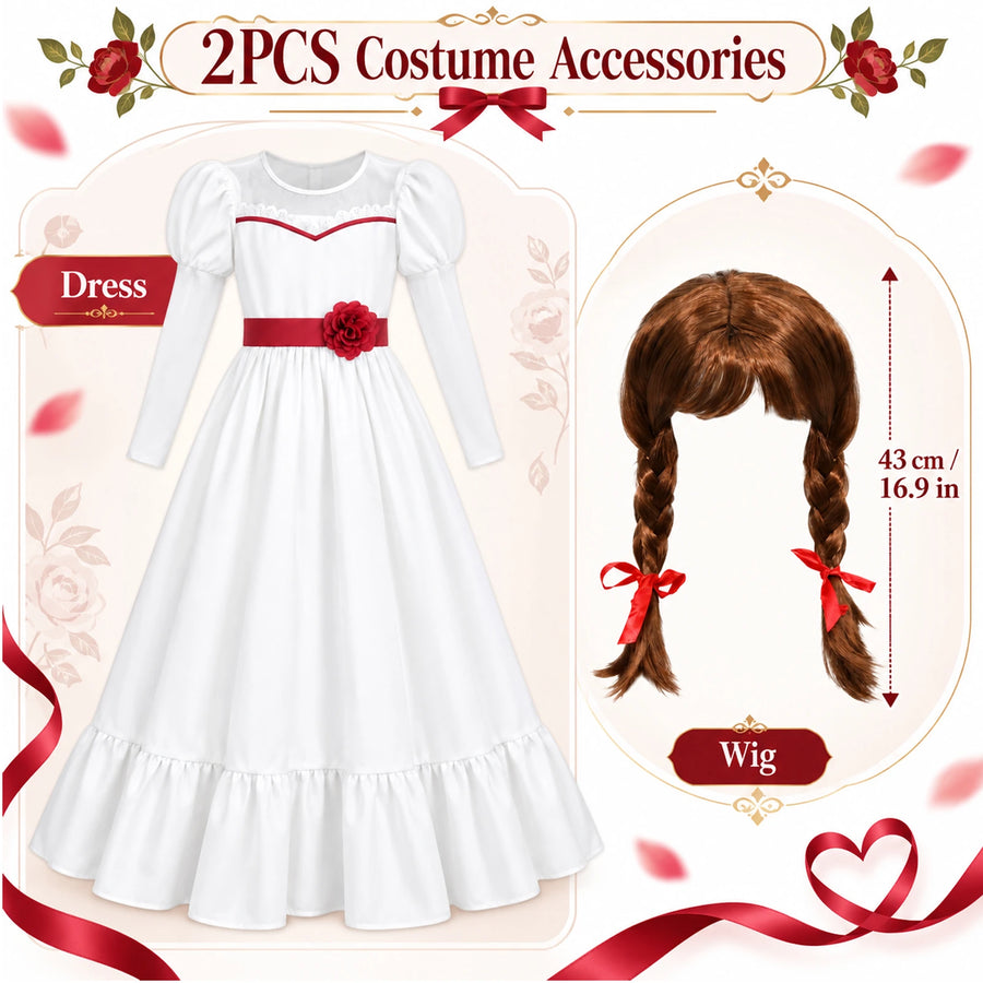 Included white dress and brown twin-braid wig for the Annabelle-inspired costume; the wig is labeled 43 cm long.