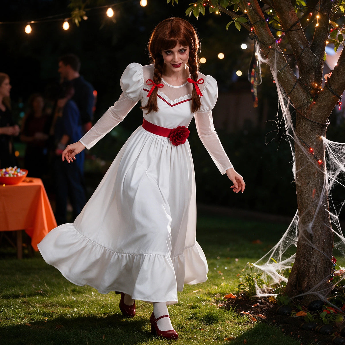 Woman wearing a white haunted doll costume dress with red waist flower and brown twin-braid wig at an outdoor Halloween party.