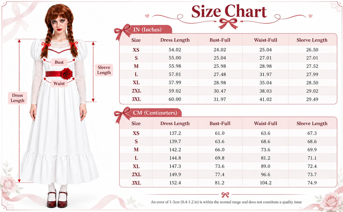 Size chart for XS through 3XL showing Dress Length, Bust-Full, Waist-Full and Sleeve Length in inches and centimeters.