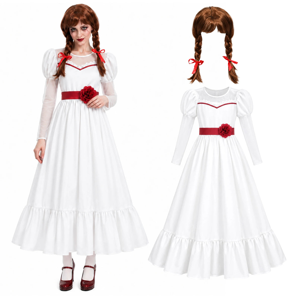 Annabelle-inspired haunted doll costume with a white dress, red waist flower and brown twin-braid wig.