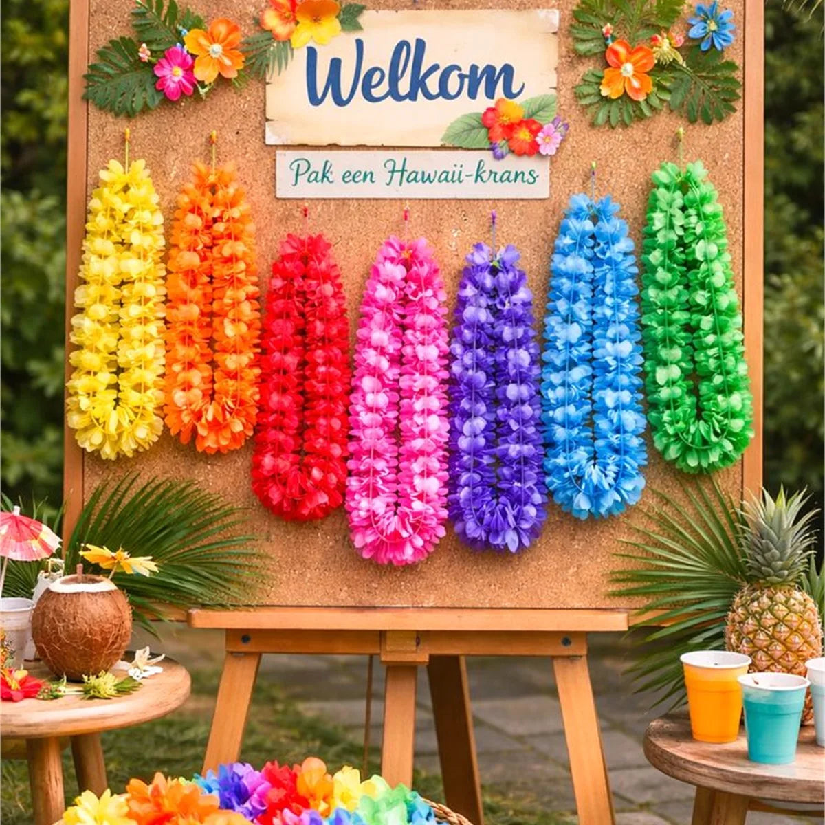 Colorful floral leis displayed on a tropical welcome board for a summer pool party