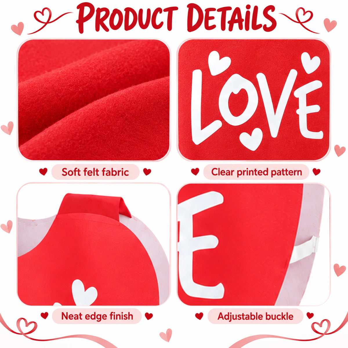 Close-ups of red felt, white LOVE print, the edge finish and adjustable side buckle.