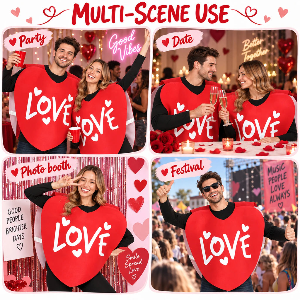 Collage showing LOVE heart costumes at a party, a date, a photo booth and a festival.