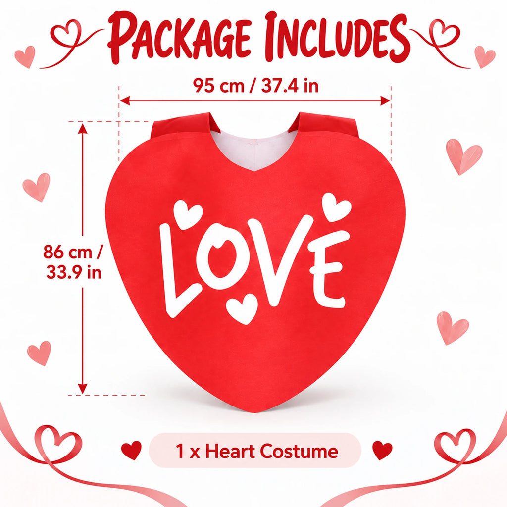 One heart costume with a diagram showing 95 cm width and 86 cm length, also labeled in inches.