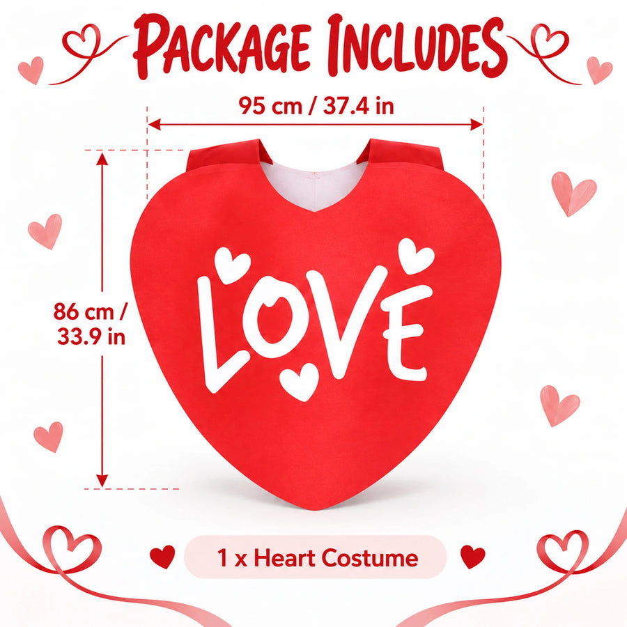 One heart costume with a diagram showing 95 cm width and 86 cm length, also labeled in inches.