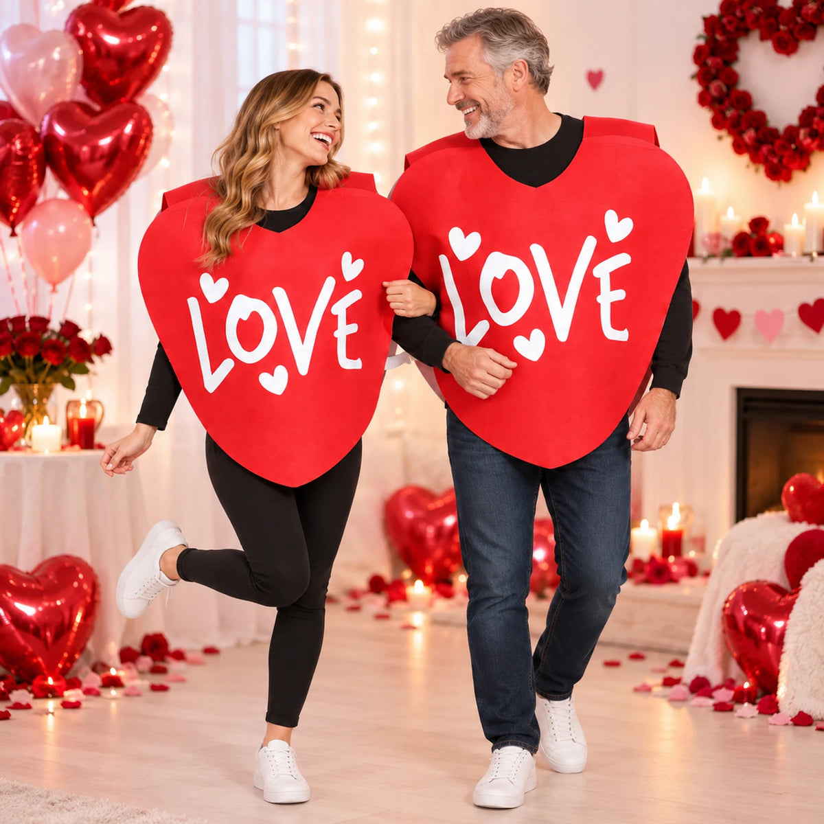 Two adults wearing separate LOVE heart costumes at a party with red heart balloons.