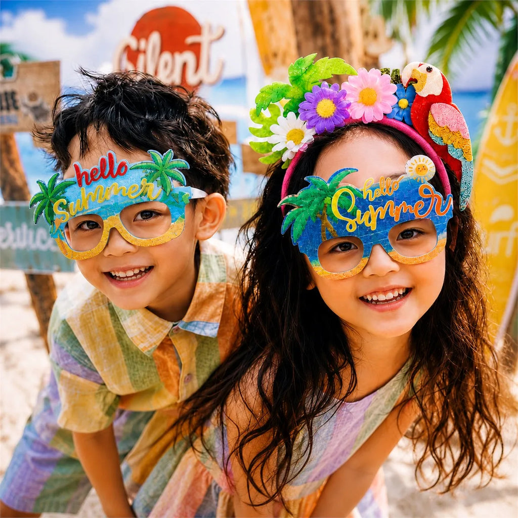 Children wearing hello summer party glasses and a tropical floral headband at a summer party