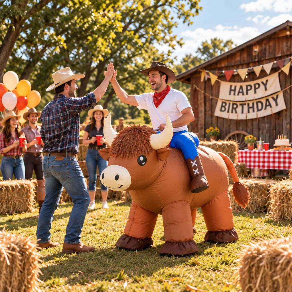 Adult wearing a Highland cow inflatable costume at a farm birthday party with friends.