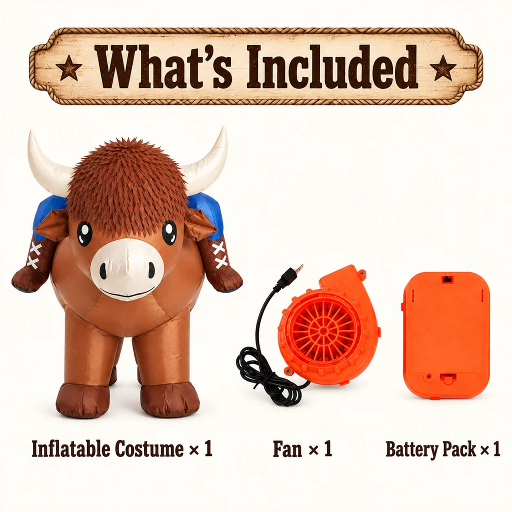 Highland cow inflatable costume with fan and battery pack included.