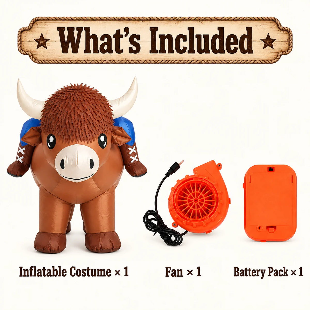 Highland cow inflatable costume with fan and battery pack included.