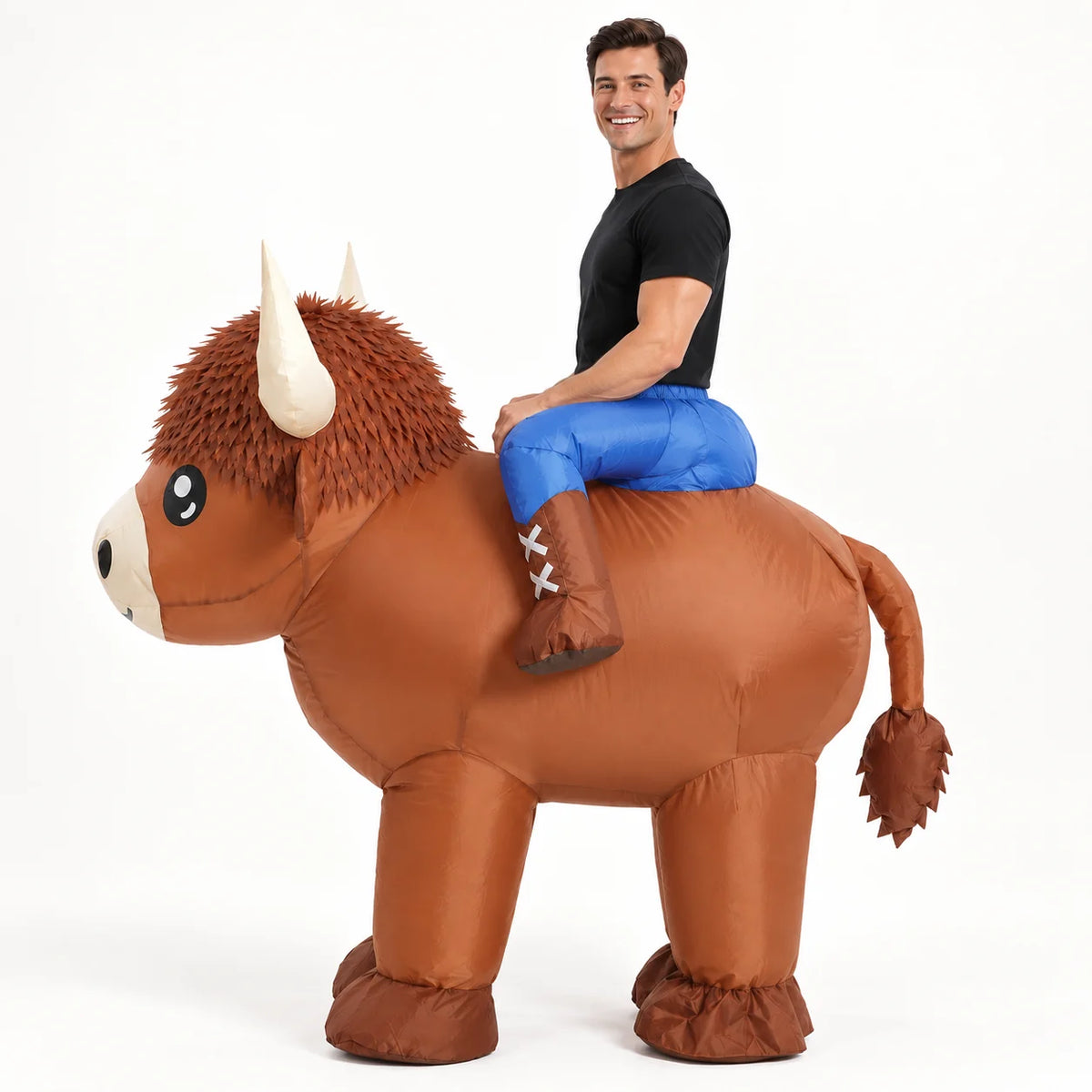 Side view of an adult wearing a brown Highland cow ride-on inflatable costume.