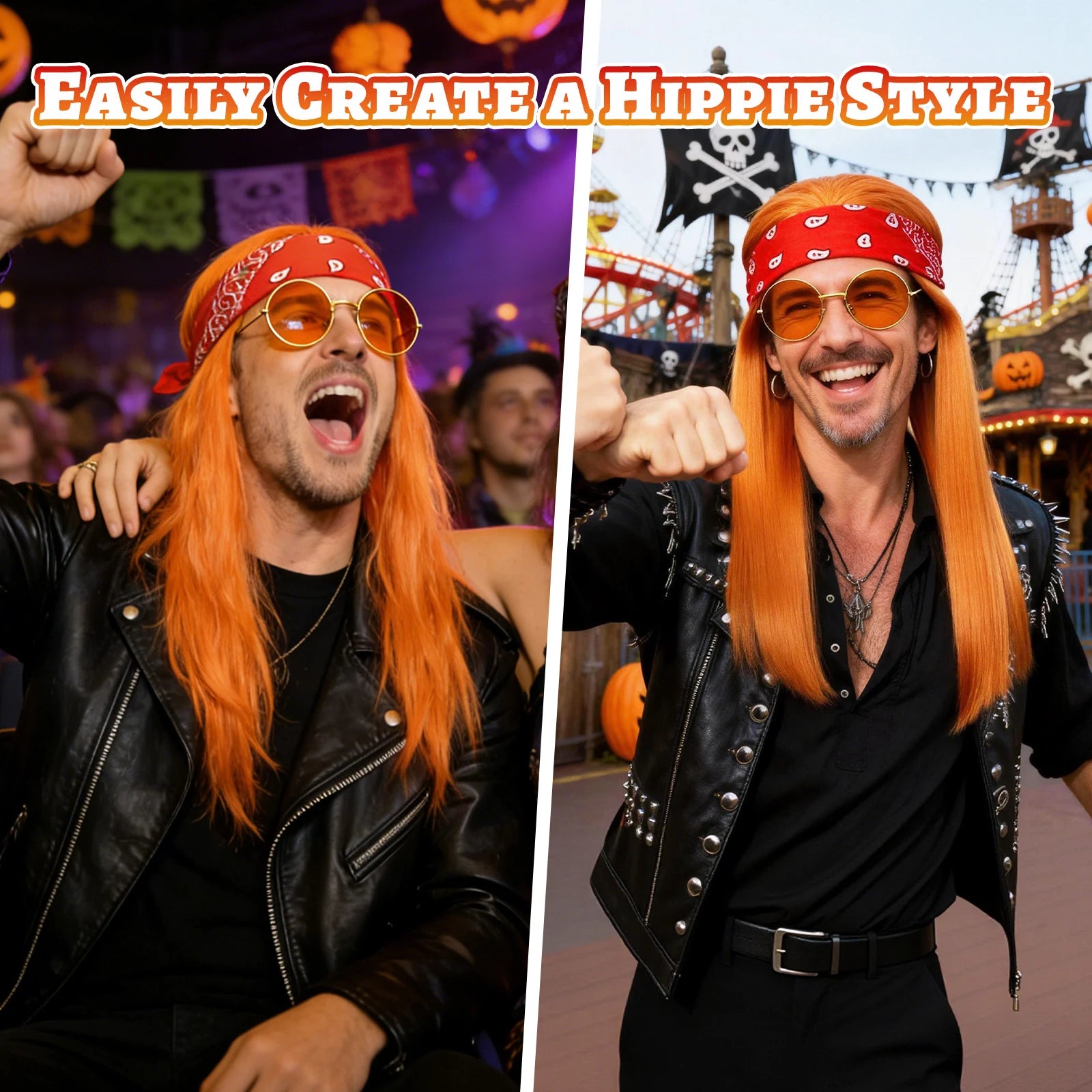 A clear product view presents a hippie accessory set styled for a 60s or 70s costume party, with the long orange-brown wig, red bandana and round tinted glasses clearly visible.