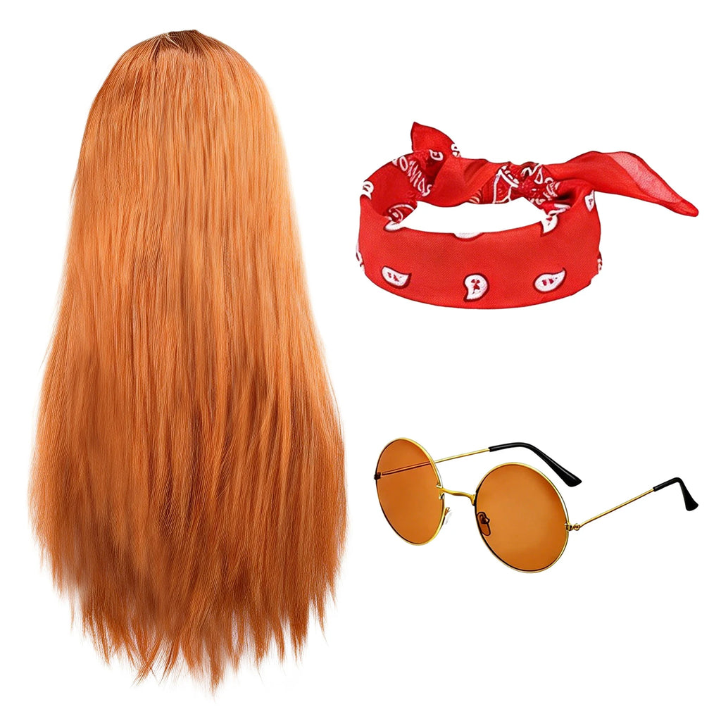 A clear product view presents a hippie costume accessories set with long brown wig red bandana and round glasses, with the long orange-brown wig, red bandana and round tinted glasses clearly visible.