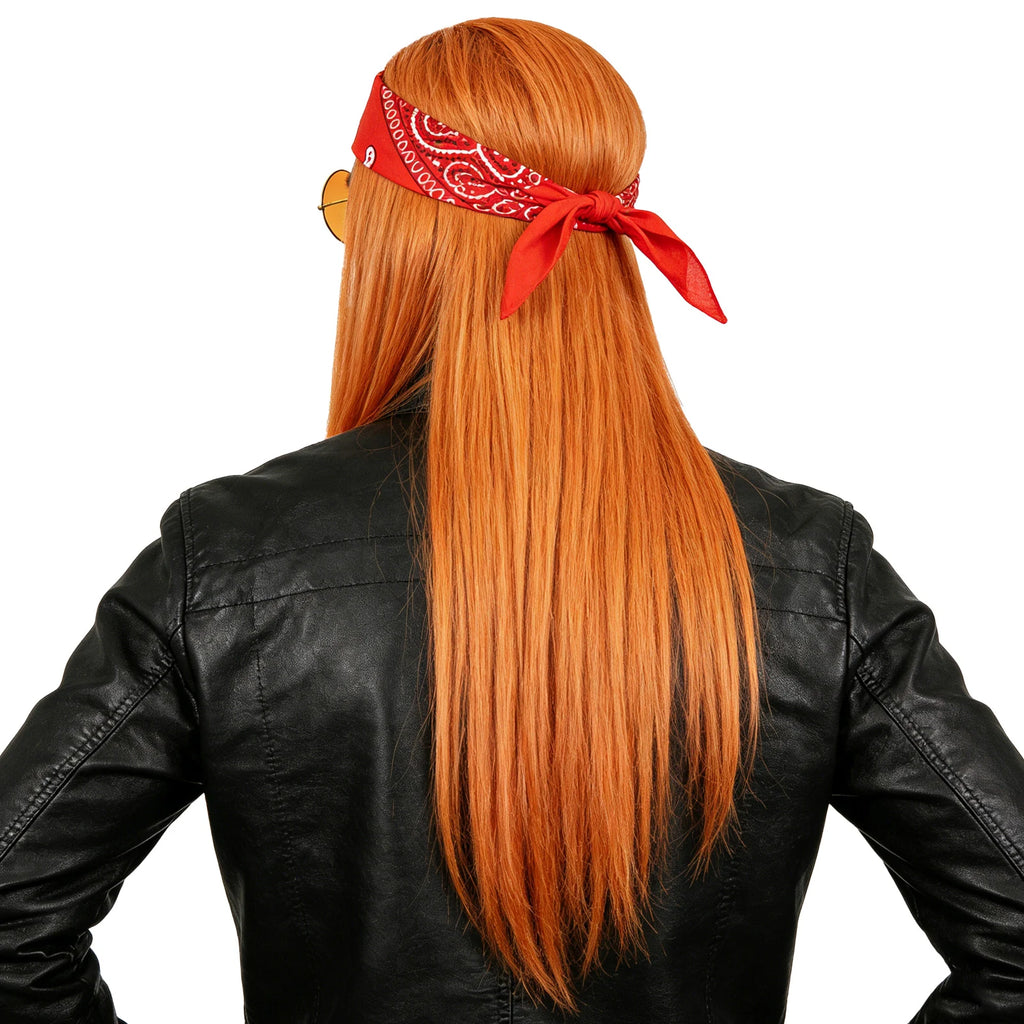 Hippie costume wig and accessories shown from multiple angles to highlight the long orange-brown wig, red bandana and round tinted glasses.
