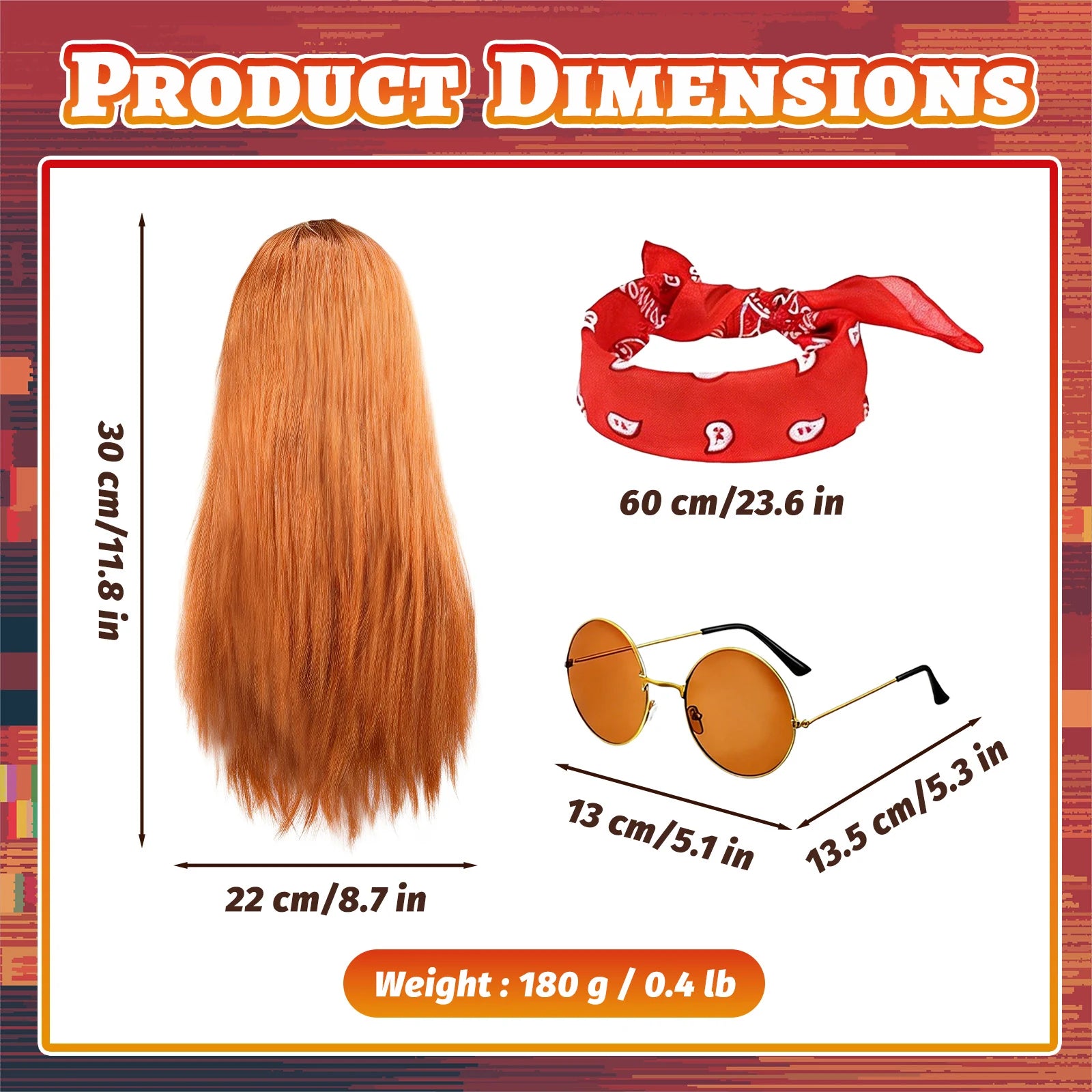 A measurement chart presents hippie wig bandana and glasses dimensions with total weight, including the visible size information for the three-piece hippie costume accessories set.