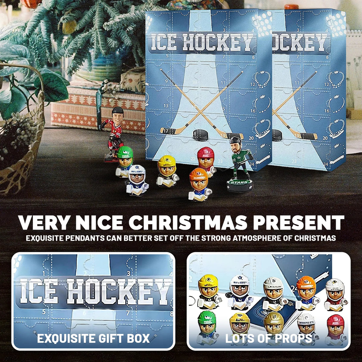 Hockey advent calendar gift graphic showing blue boxes and Dallas Stars-inspired miniatures beside other helmeted figures.