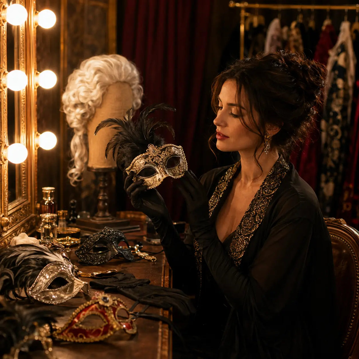 Woman choosing an ornate masquerade mask in an elegant costume dressing room